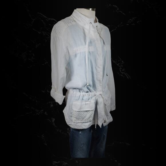 Saint Tropez West White Eyelet Linen Button Cinch Waist Utility Jacket Sz Medium - Picture 11 of 16
